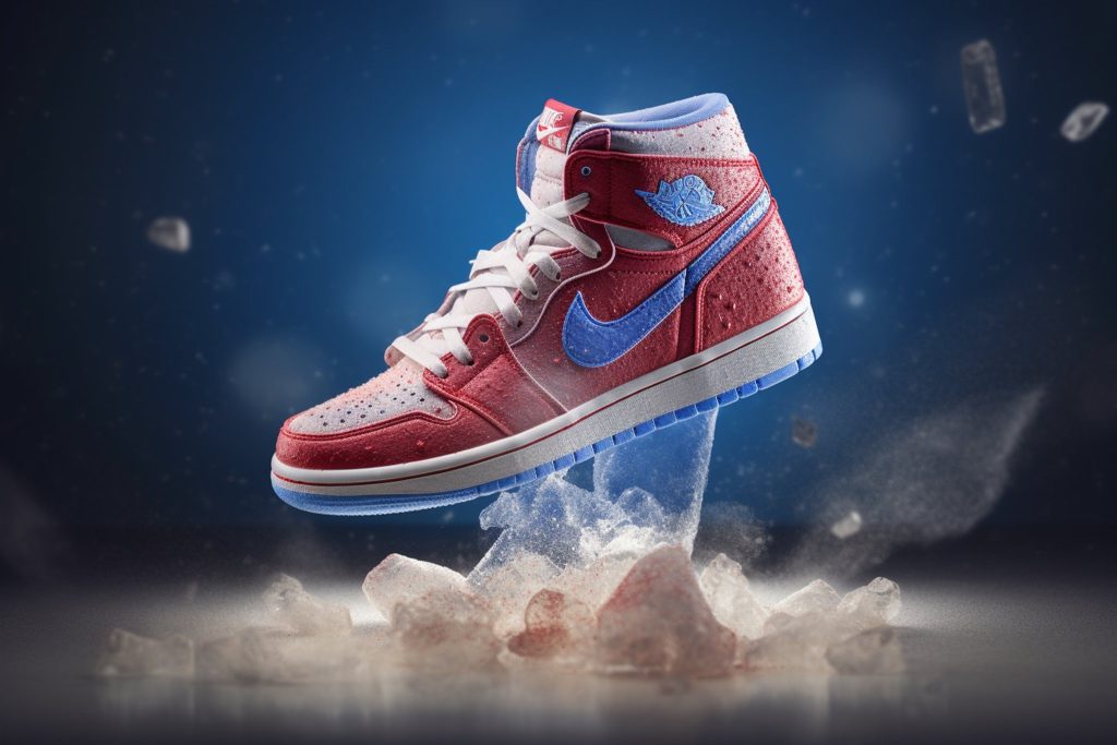 An Air Jordan 1 shoe made of basketball textures and a brilliant shoe sole, inspired by Bo