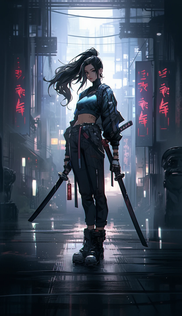 赛博朋克风格的女剑客 – 曼谷街头-AI工具研究所