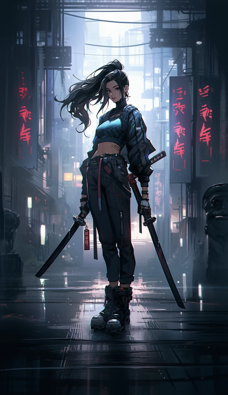 赛博朋克风格的女剑客 - 曼谷街头-AI工具研究所