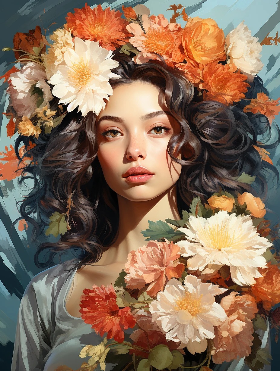 一个穿着鲜花、头发上插着鲜花的女人-AI工具研究所