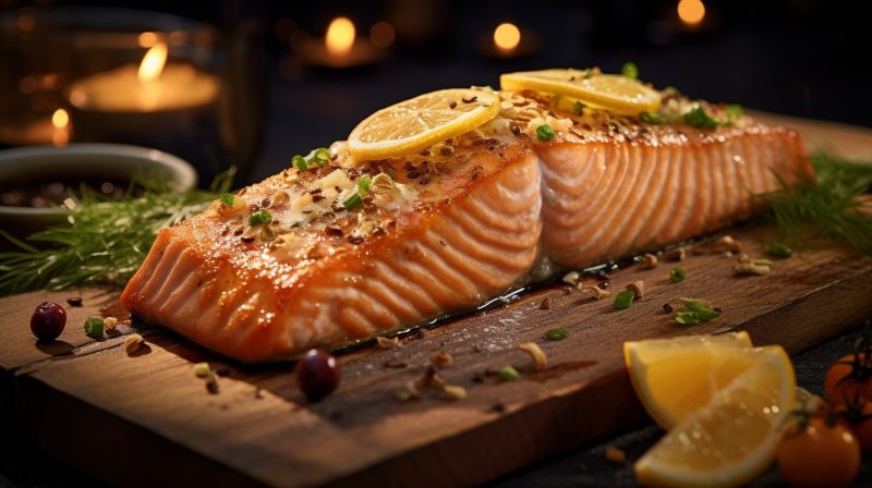 完美的烤三文鱼，超品质，明亮的色调，产品视图，厨房背景-AI工具研究所