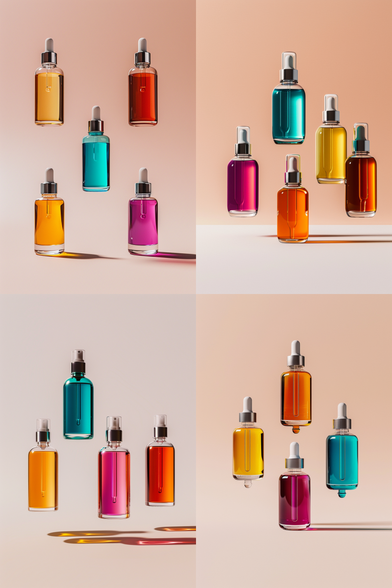 动态拍摄捕捉 5 个化妆品瓶子模型-AI工具研究所